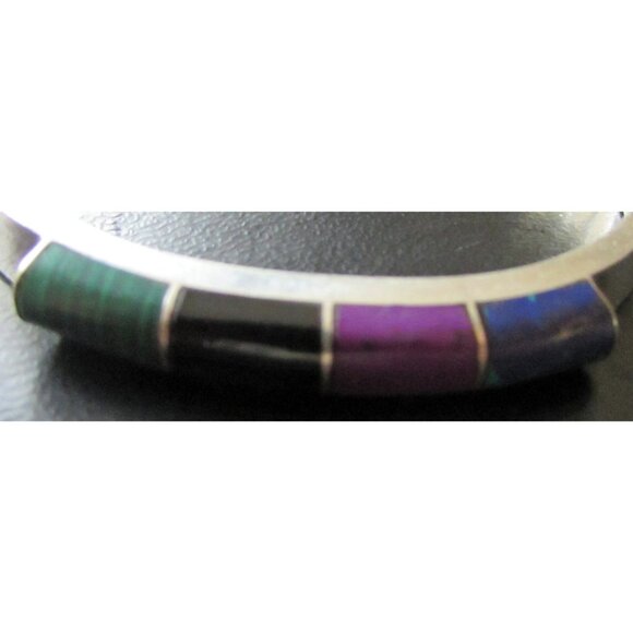 Taxco Sterling Silver Onyx Bracelet Bangle Surgilite Malachite Hinged 6.75 " - Picture 3 of 5